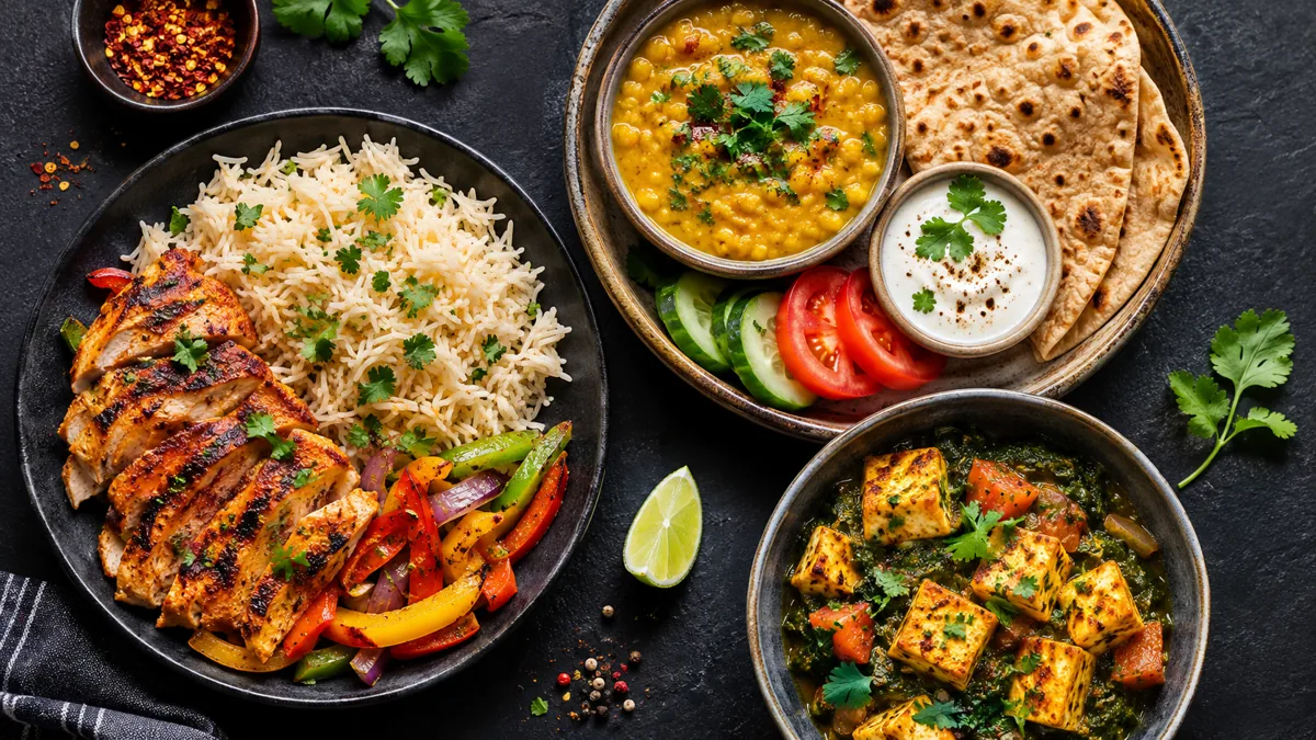 Prepared meals with rice, chicken, dal, roti and vegetables